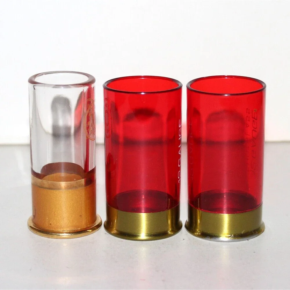 Lot 3 Shot Glass red clear shotgun shell 12 gauge glass plastic ammo bar drink
